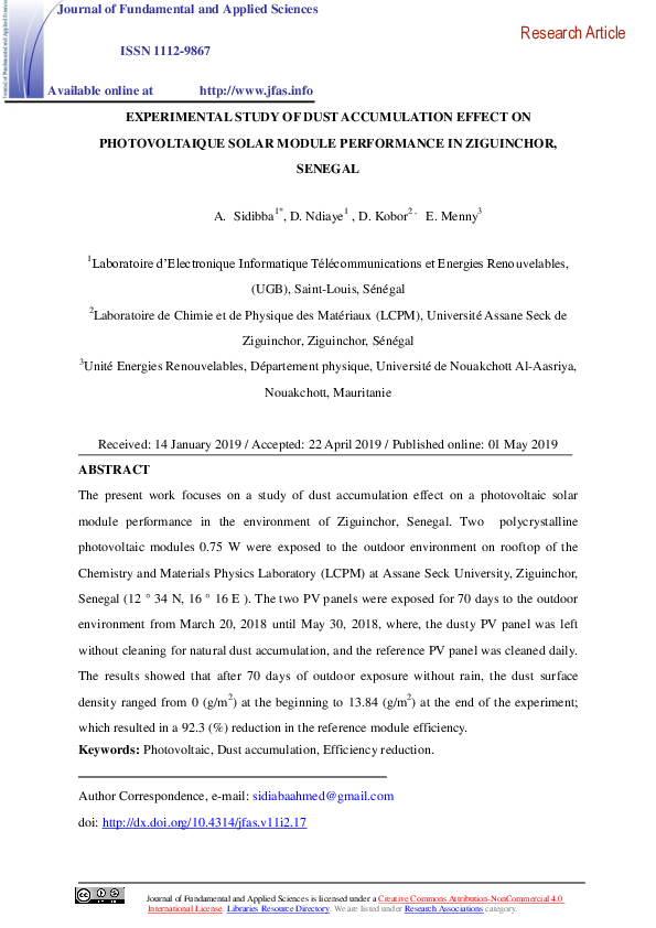 (PDF) Experimental Study of Dust Accumulation Effect on Photovoltaique ...