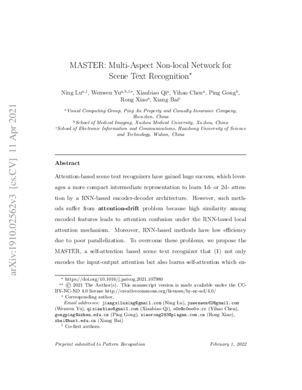 (PDF) MASTER: Multi-aspect non-local network for scene text recognition
