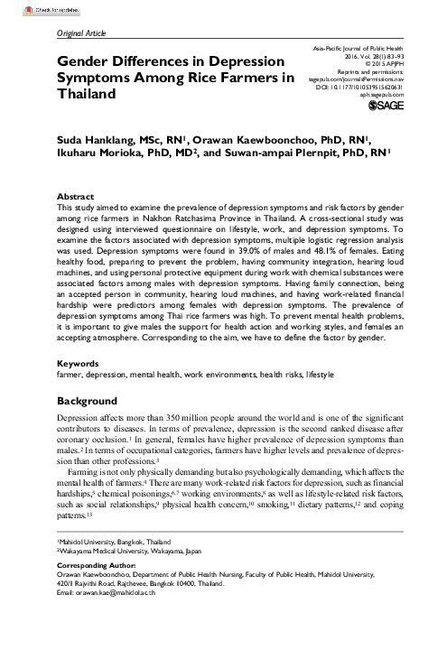 (PDF) Gender Differences in Depression Symptoms Among Rice Farmers in ...
