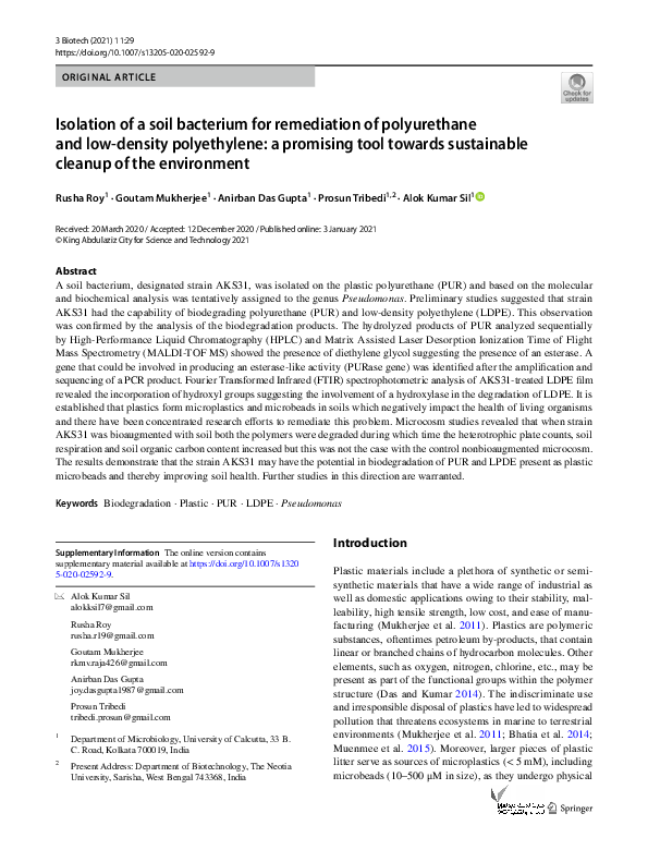 (PDF) Isolation of a soil bacterium for remediation of polyurethane and ...