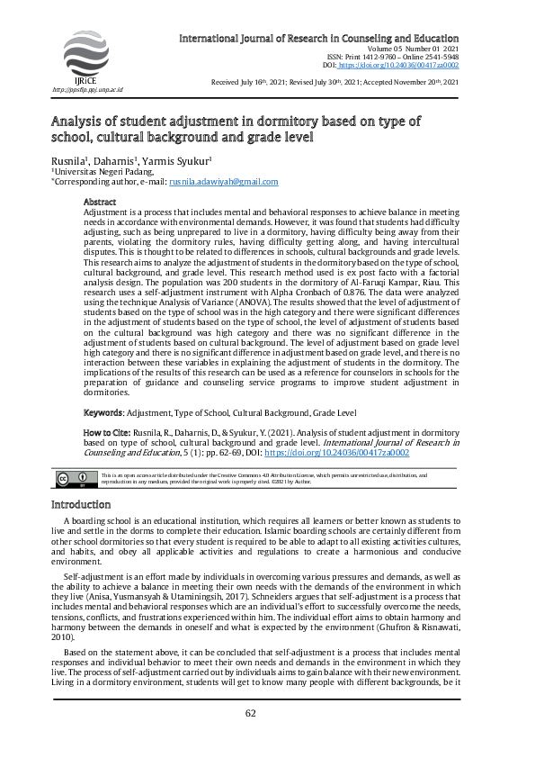 (PDF) Analysis of student adjustment in dormitory based on type of ...