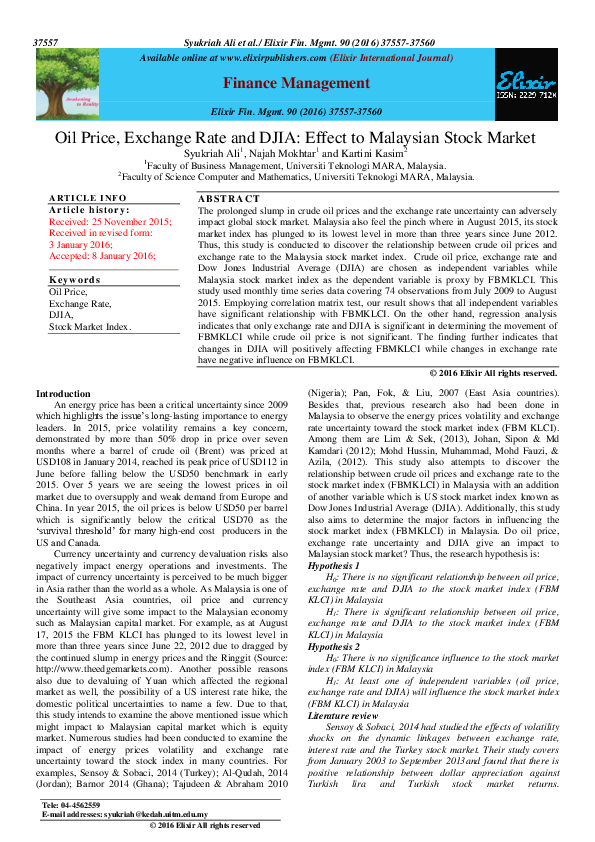 (PDF) Oil Price , Exchange Rate and DJIA : Effect to Malaysian Stock Market