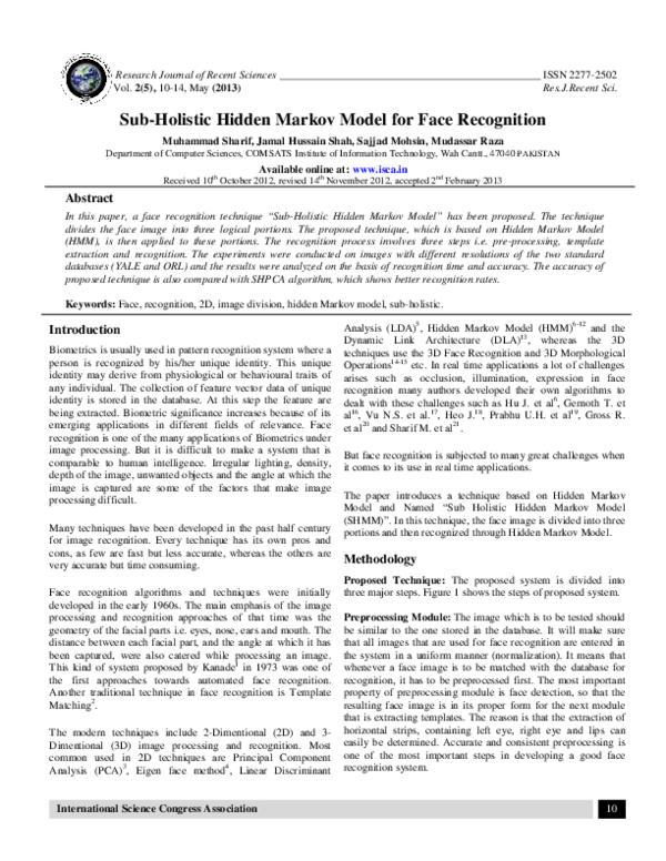 (PDF) Sub-Holistic Hidden Markov Model for Face Recognition