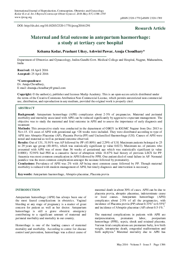 (PDF) Maternal and fetal outcome in antepartum haemorrhage: a study at ...