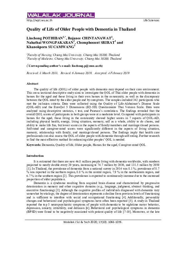(PDF) Quality of Life of Older People with Dementia in Thailand