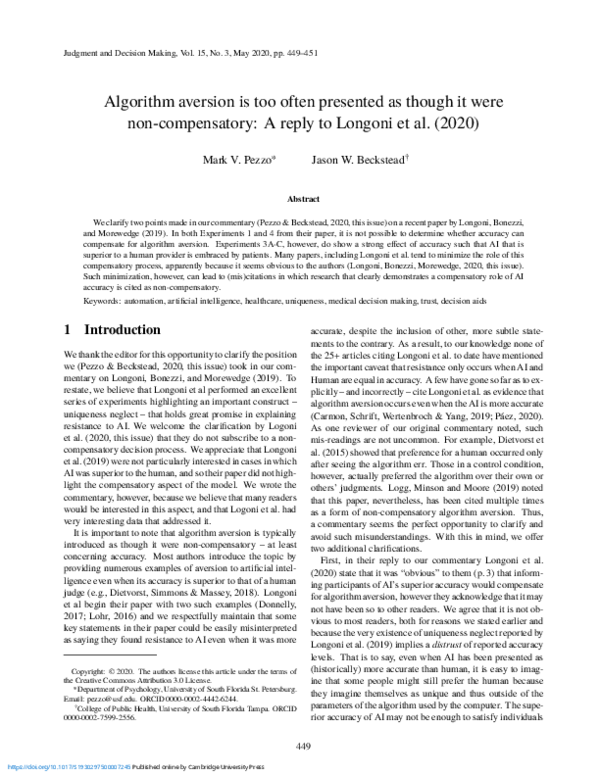 (PDF) Algorithm aversion is too often presented as though it were non ...