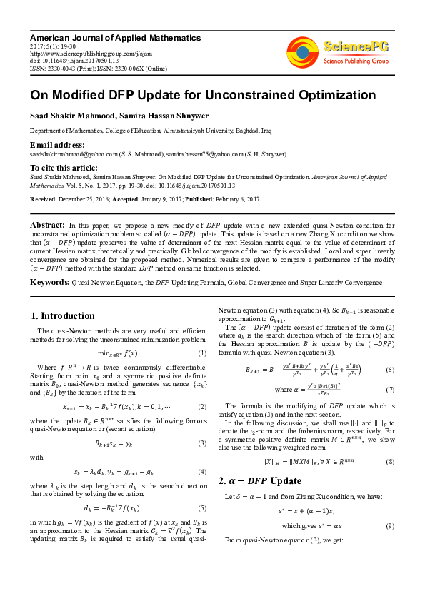(PDF) On Modified DFP Update for Unconstrained Optimization