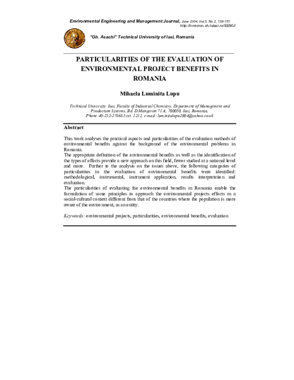 (PDF) Particularities of the Evaluation of Environmental Project ...
