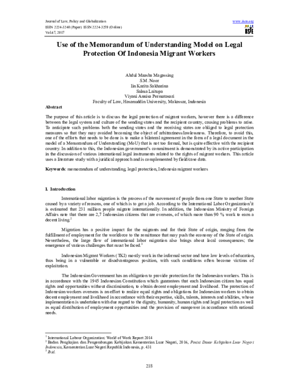 (PDF) Use of the Memorandum of Understanding Model on Legal Protection ...