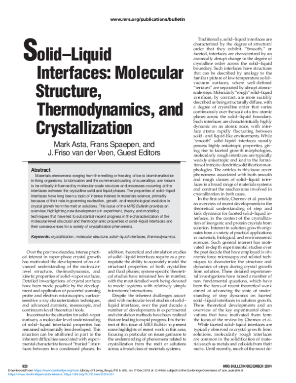 (PDF) Solid–Liquid Interfaces: Molecular Structure, Thermodynamics, and ...