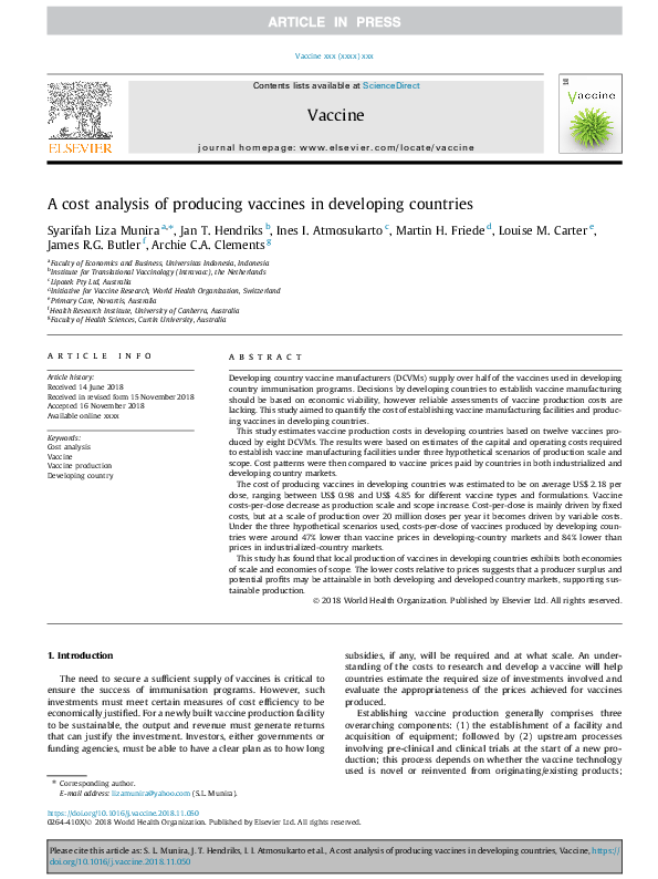 (PDF) A cost analysis of producing vaccines in developing countries