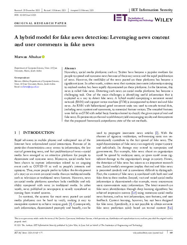 (PDF) A hybrid model for fake news detection: Leveraging news content ...