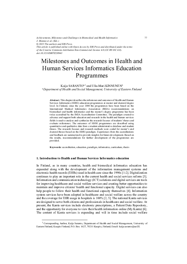 (PDF) Milestones and Outcomes in Health and Human Services Informatics ...