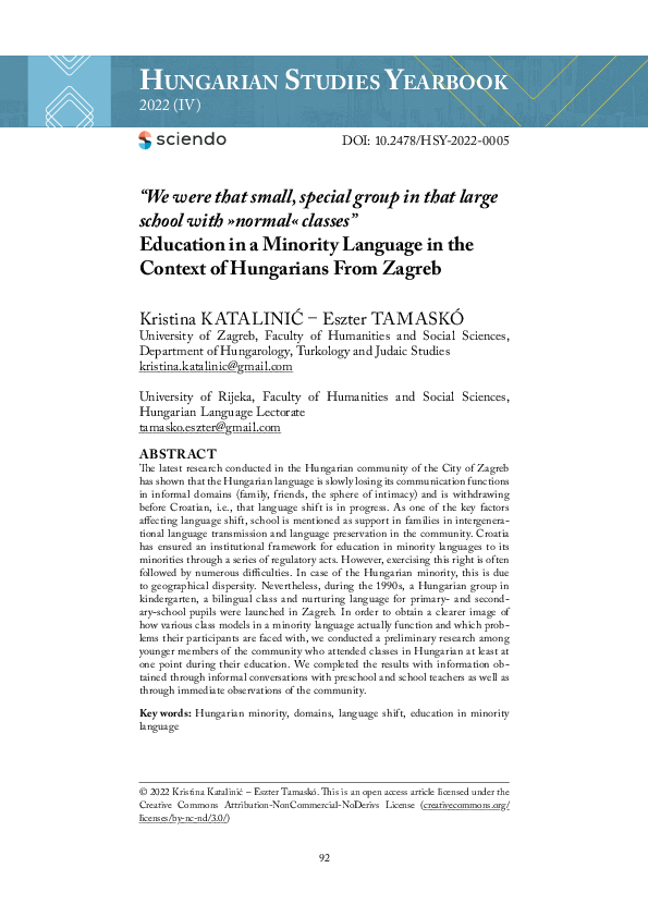 “We were that small, special group in that large school with »normal« classes” Education in a Minority Language in the Context of Hungarians From Zagreb