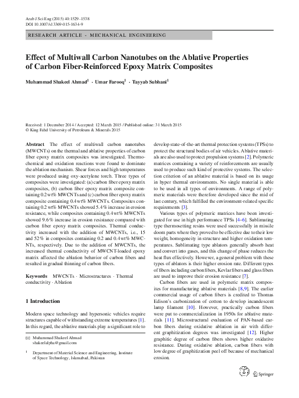 (PDF) Effect of Multiwall Carbon Nanotubes on the Ablative Properties ...