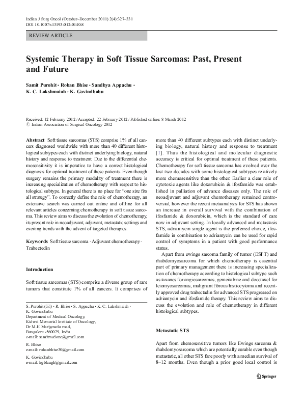 (PDF) Systemic therapy in soft tissue sarcomas: past, present and future