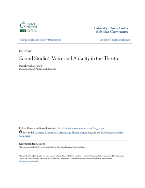 (PDF) Sound Studies: Voice and Aurality in the Theatre