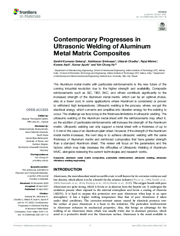 (PDF) Contemporary Progresses in Ultrasonic Welding of Aluminum Metal ...
