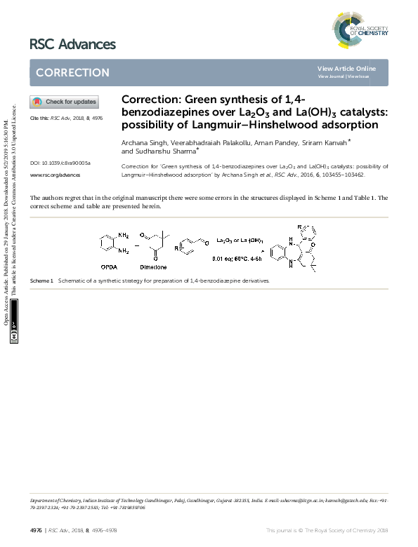 (PDF) Correction: Green synthesis of 1,4-benzodiazepines over La2O3 and ...