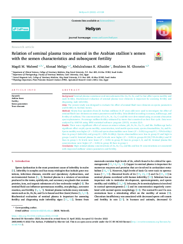 (PDF) Relation of seminal plasma trace mineral in the Arabian stallion ...