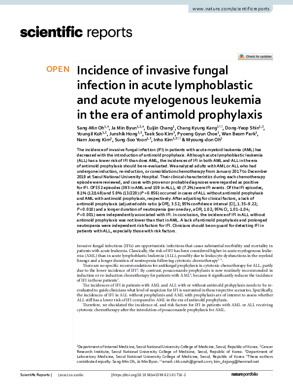 (PDF) Incidence of invasive fungal infection in acute lymphoblastic and ...