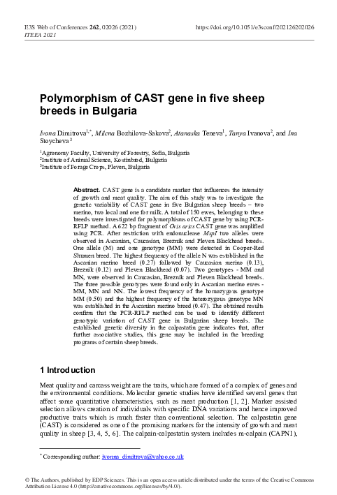 (PDF) Polymorphism of CAST gene in five sheep breeds in Bulgaria
