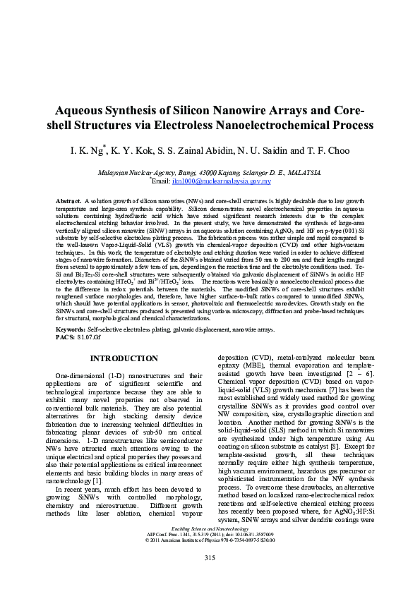(PDF) Aqueous Synthesis of Silicon Nanowire Arrays and Core-shell ...