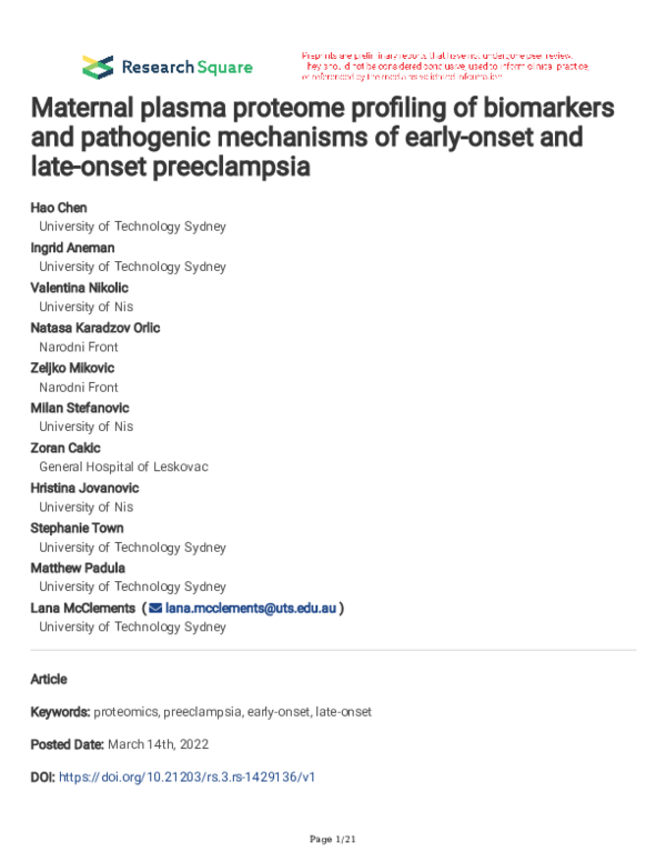 (PDF) Maternal plasma proteome profiling of biomarkers and pathogenic ...