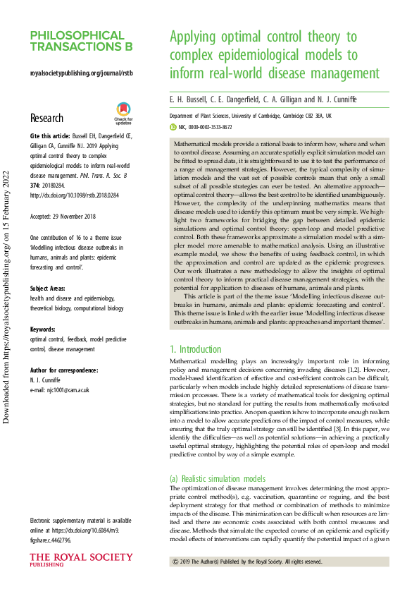 (PDF) Applying optimal control theory to complex epidemiological models ...
