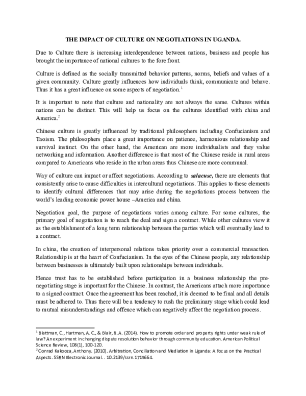 (DOC) THE IMPACT OF CULTURE ON NEGOTIATIONS IN UGANDA