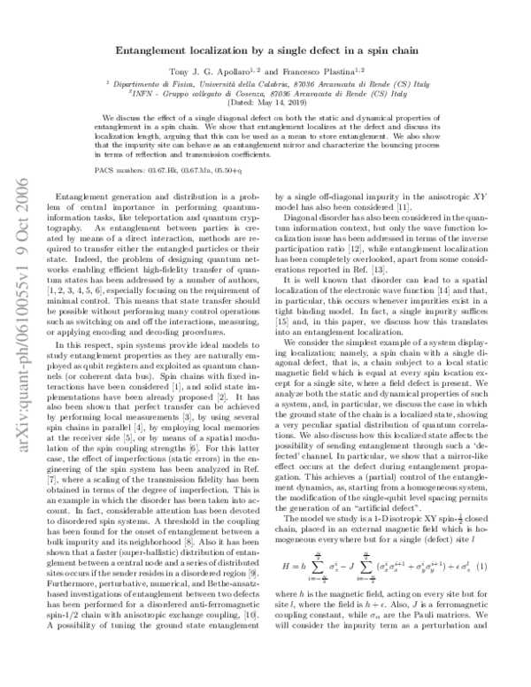 (PDF) Entanglement localization by a single defect in a spin chain