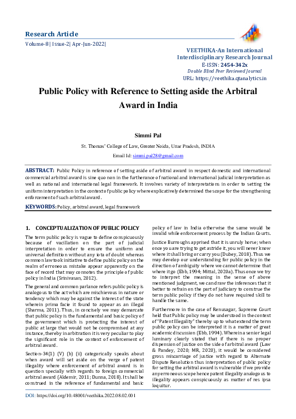 (PDF) Public Policy with Reference to Setting aside the Arbitral Award ...
