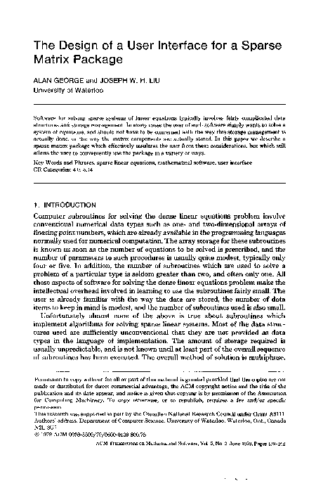 (PDF) The Design of a User Interface for a Sparse Matrix Package
