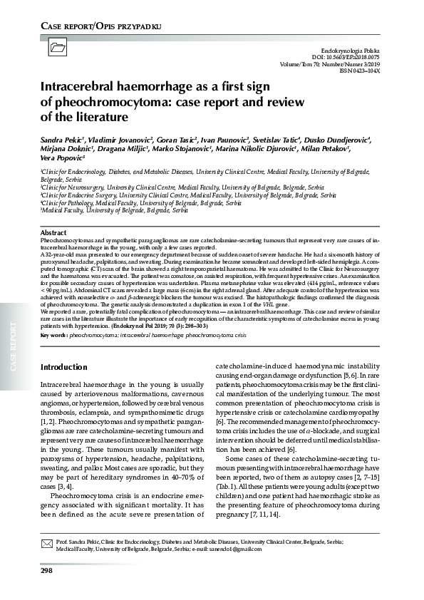 (PDF) Intracerebral hemorrhage as a first sign of pheochromocytoma ...