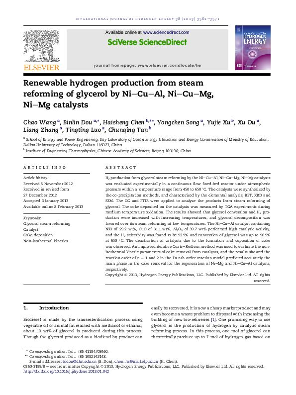(PDF) Renewable hydrogen production from steam reforming of glycerol by ...
