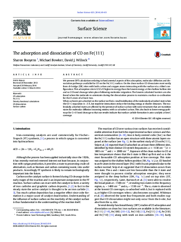 (PDF) The adsorption and dissociation of CO on Fe(111)
