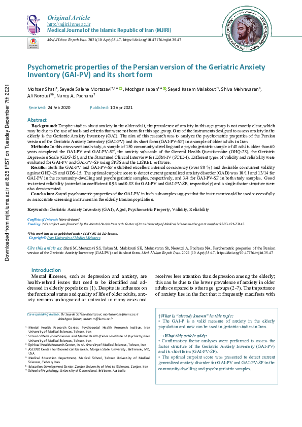 (PDF) Psychometric properties of the Persian version of the Geriatric ...