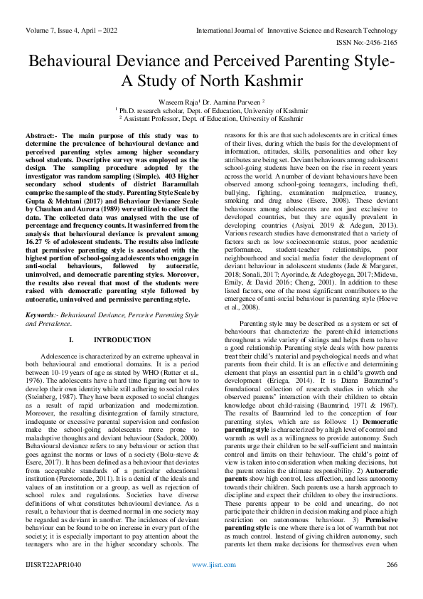 (PDF) Behavioural Deviance and Perceived Parenting Style-A Study of ...