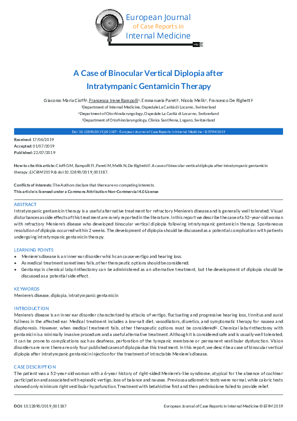 (PDF) A Case of Binocular Vertical Diplopia after Intratympanic Gentamicin Therapy Francesca