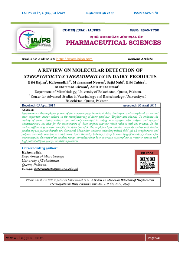 (PDF) A Review On Molecular Detection Of Streptococcus Thermophilus In ...
