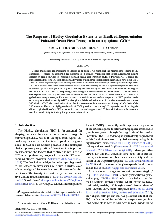 (PDF) The Response of Hadley Circulation Extent to an Idealized ...