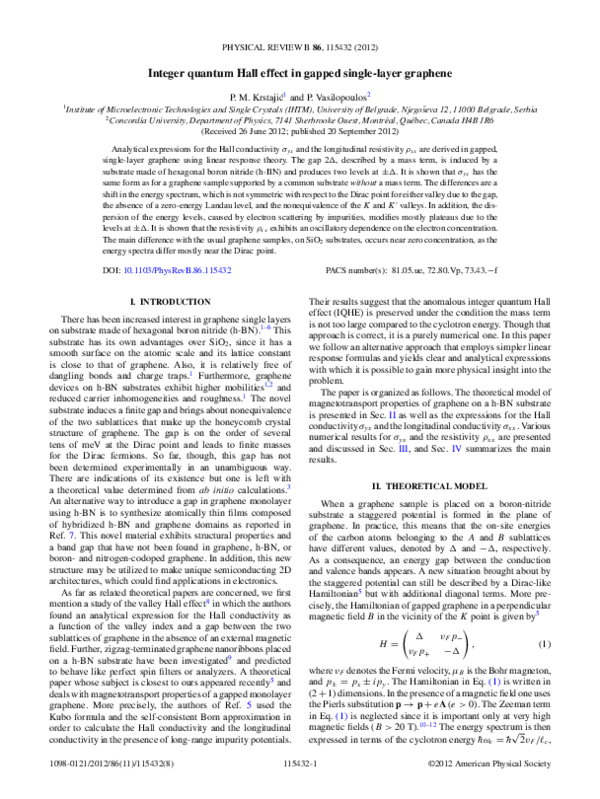 (PDF) Integer quantum Hall effect in gapped single-layer graphene