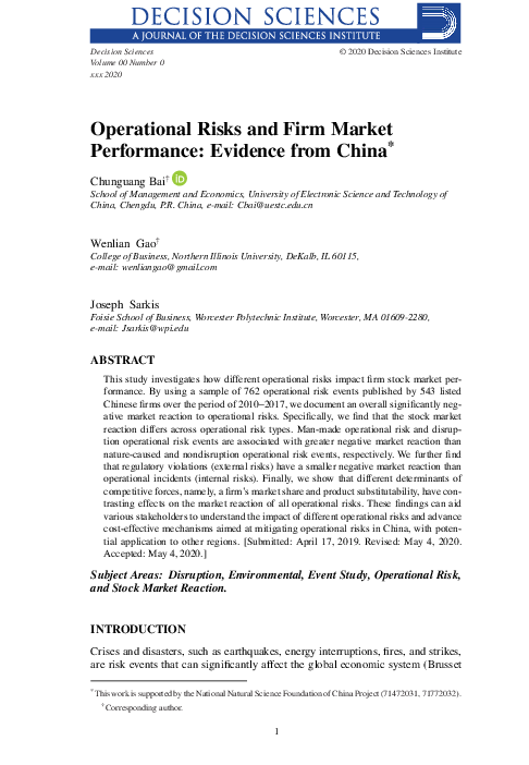 (PDF) Operational Risks and Firm Market Performance: Evidence from China*