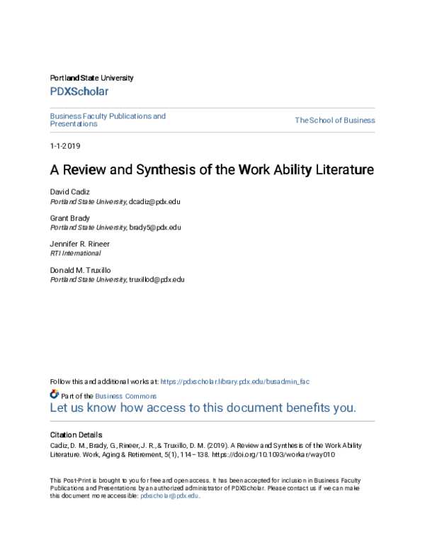 (PDF) A Review and Synthesis of the Work Ability Literature
