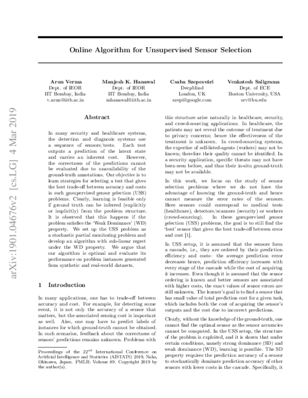 (PDF) Online Algorithm for Unsupervised Sensor Selection