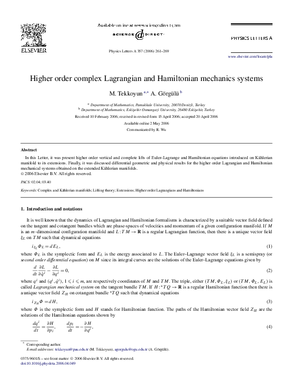(PDF) Higher order complex Lagrangian and Hamiltonian mechanics systems