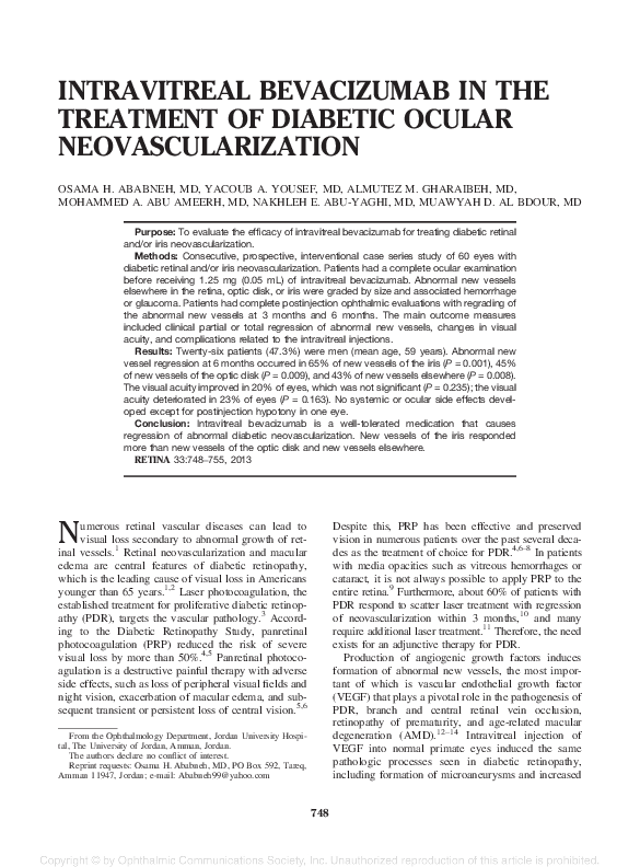 (PDF) Intravitreal Bevacizumab in the Treatment of Diabetic Ocular ...