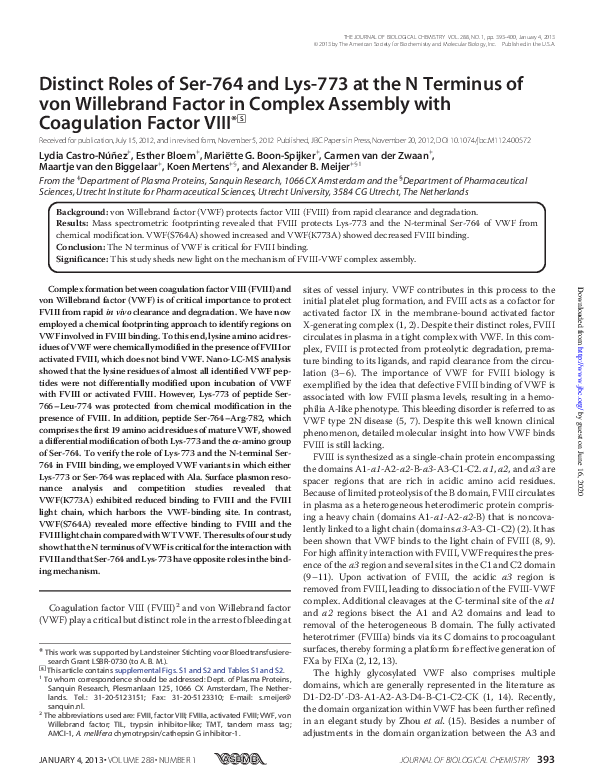 (PDF) Distinct Roles of Ser-764 and Lys-773 at the N Terminus of von ...