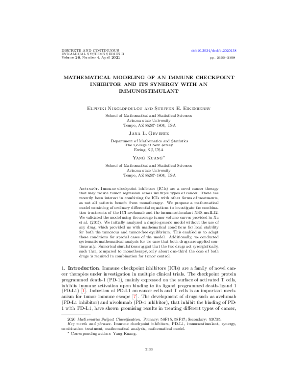 (PDF) Mathematical modeling of an immune checkpoint inhibitor and its ...