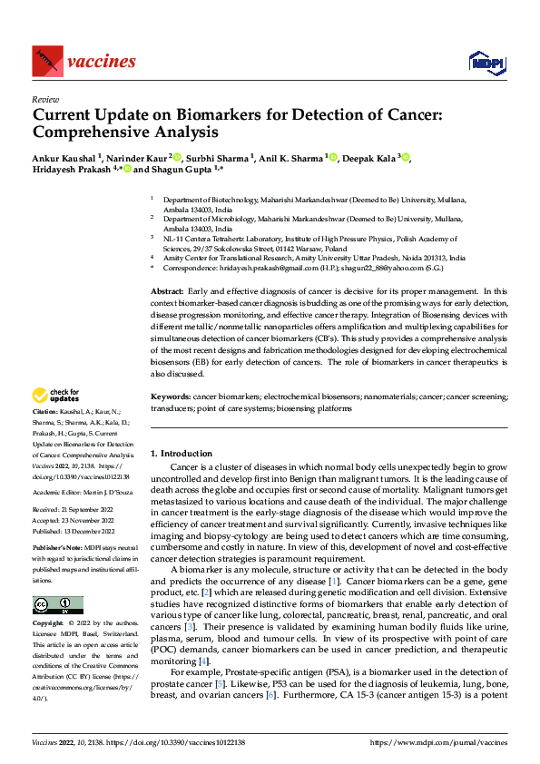 (PDF) Current Update on Biomarkers for Detection of Cancer ...